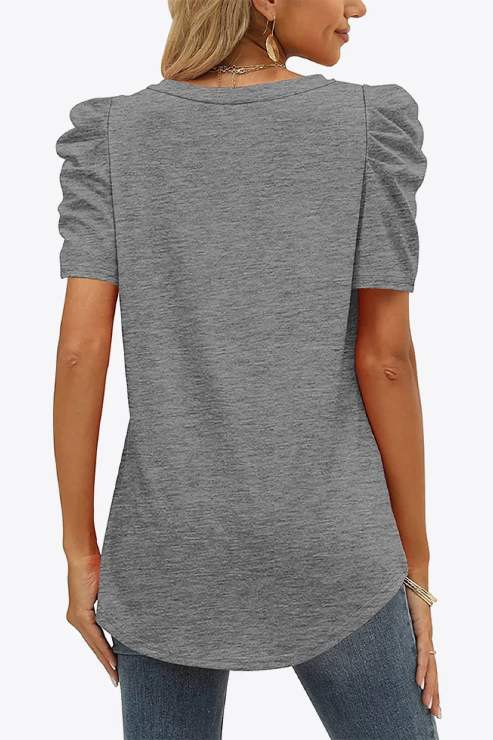 V-Neck Puff Sleeve Tee With Stretchy Fabric - Southern Shores Clothing