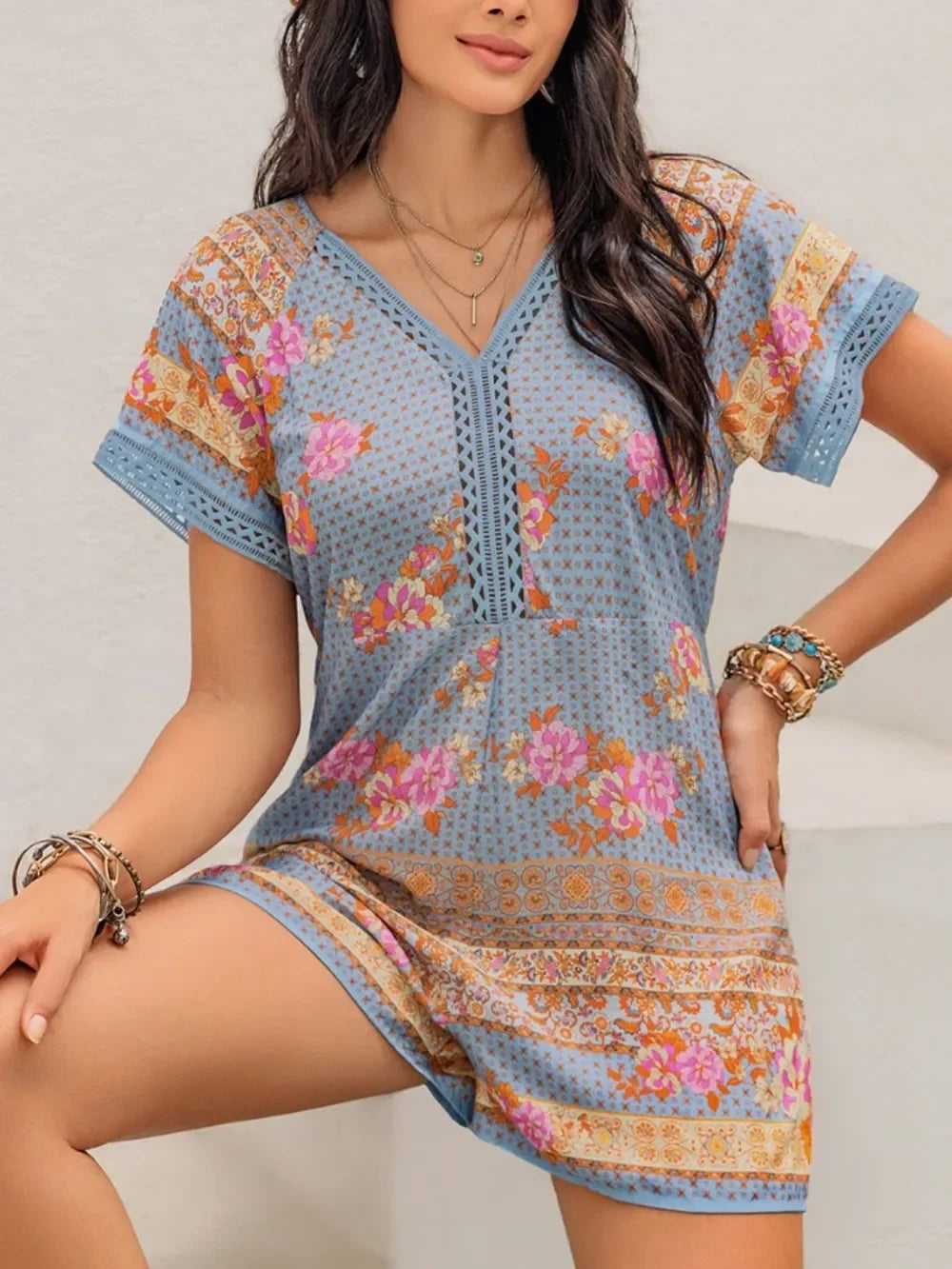 Printed V-Neck Short Sleeve Romper With Cutout - Southern Shores Clothing