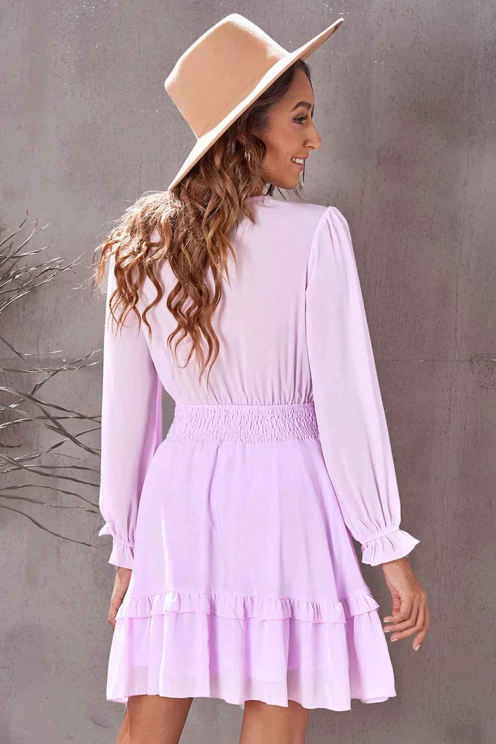 Tied Plunge Smocked Waist Flounce Sleeve Dress - Southern Shores Clothing