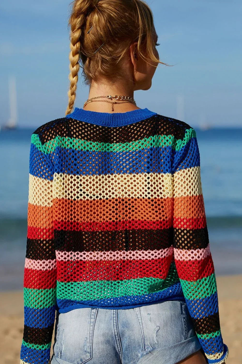 Openwork Stripe Long Sleeve Swim Cover Up - Southern Shores Clothing