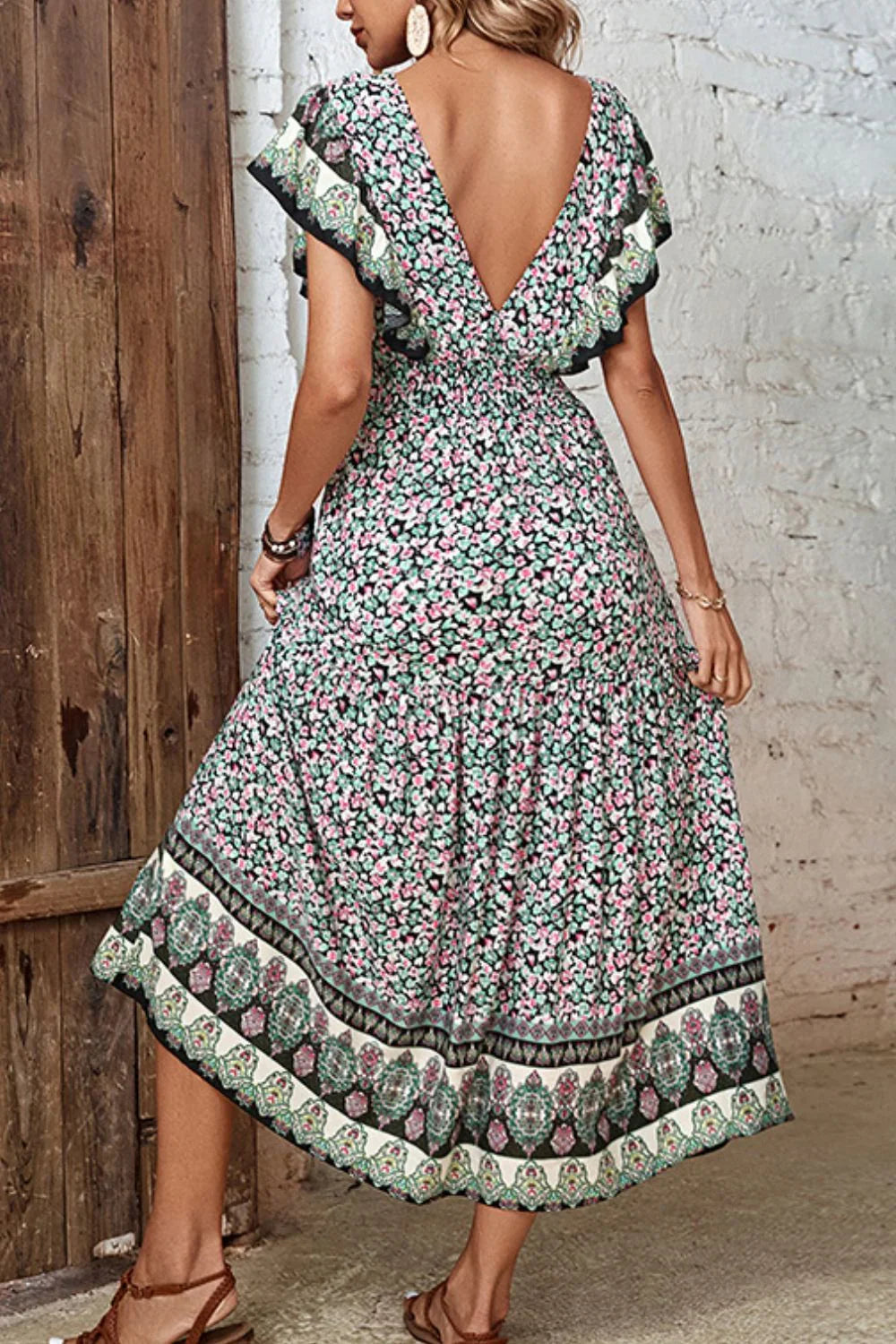 Ditsy Floral Ruffled Plunge Midi Casual Dress - Southern Shores Clothing