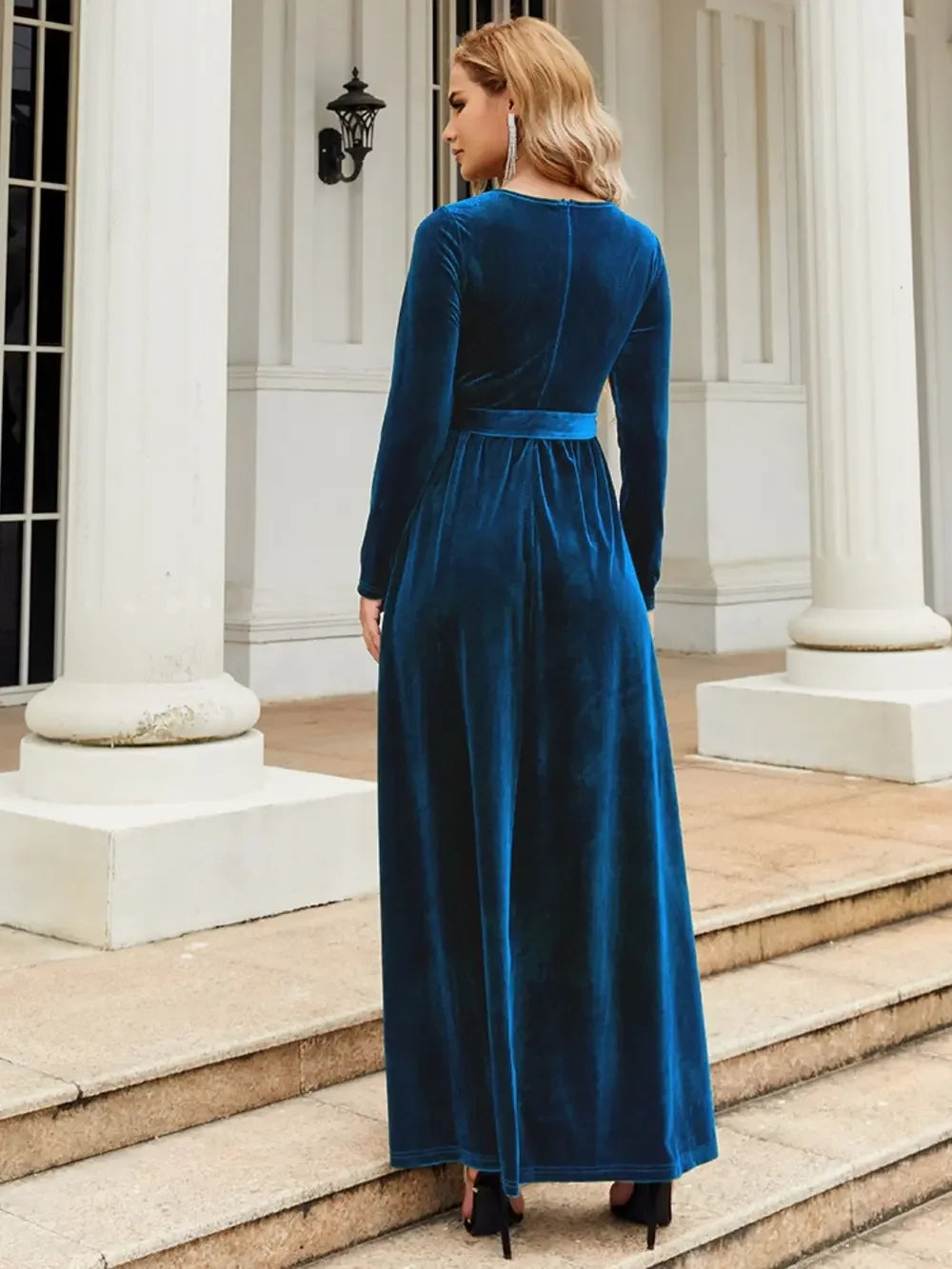 Tie Front Round Neck Long Sleeve Maxi Dress - Southern Shores Clothing