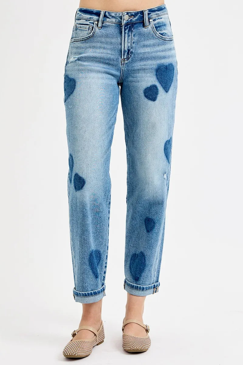 Coastal RISEN Mid Rise Heart Print Boyfriend Jeans Plus Size
