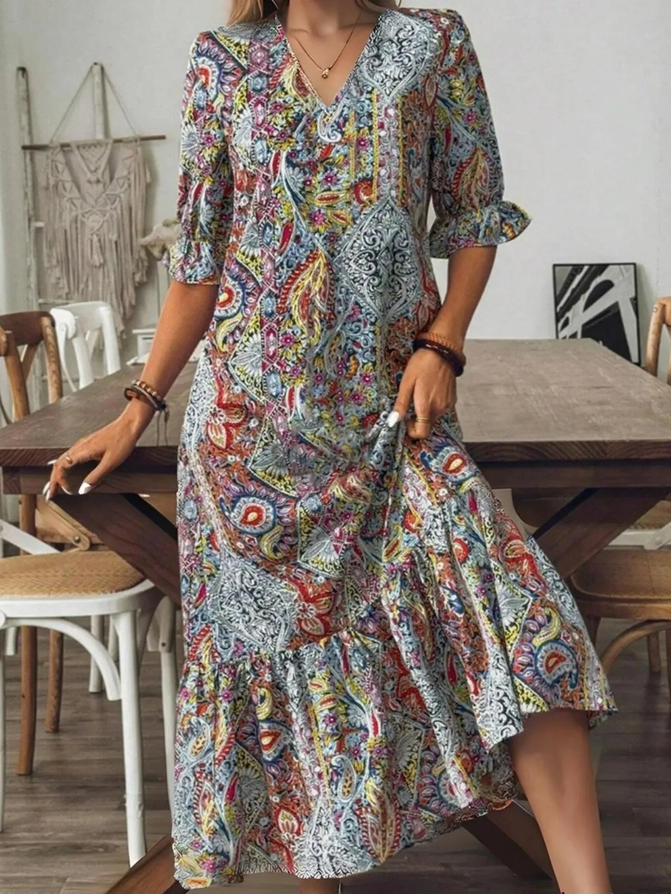 Bohemian Paisley Print V Neck Tiered Midi Dress Pattern - Southern Shores Clothing