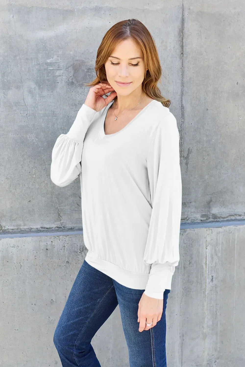 V Neck Lantern Sleeve Top Lightweight Stretch - Southern Shores Clothing