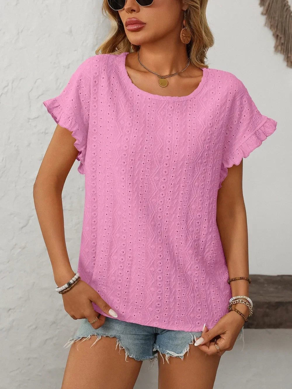 Eyelet Frill Round Neck Short Sleeve Top - Southern Shores Clothing