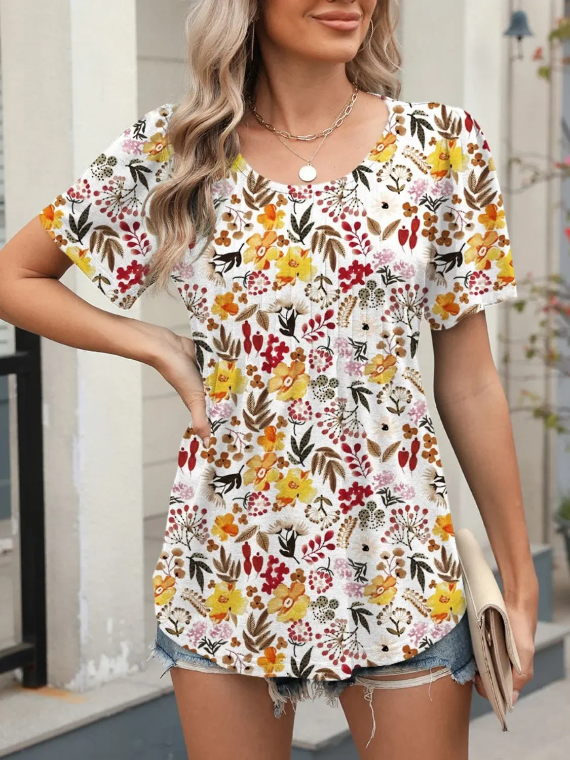 Floral Print Round Neck Short Sleeve T Shirt With Stretch - Southern Shores Clothing