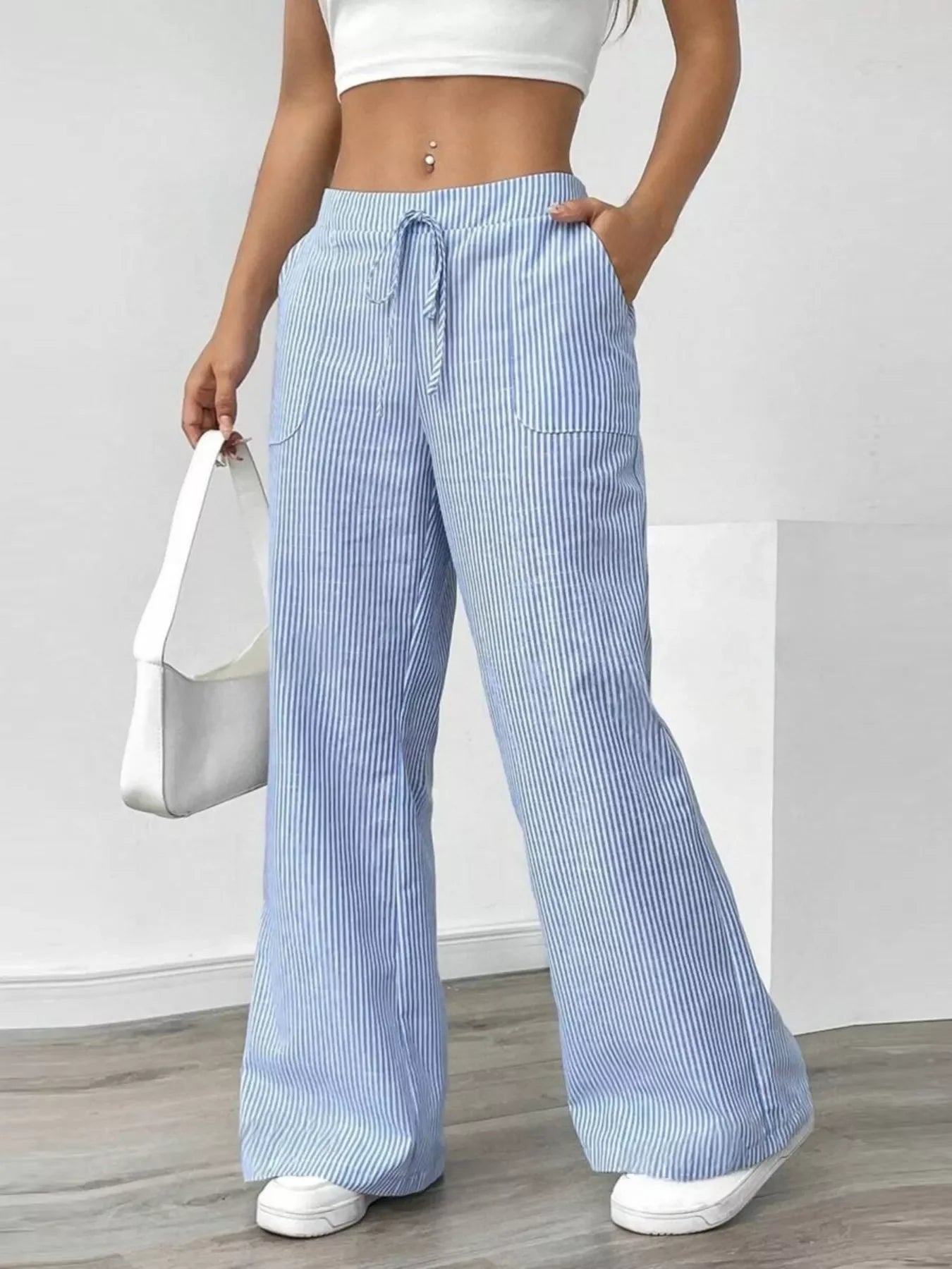 Striped Wide Leg Pocketed Casual Pants For Everyday Wear - Southern Shores Clothing