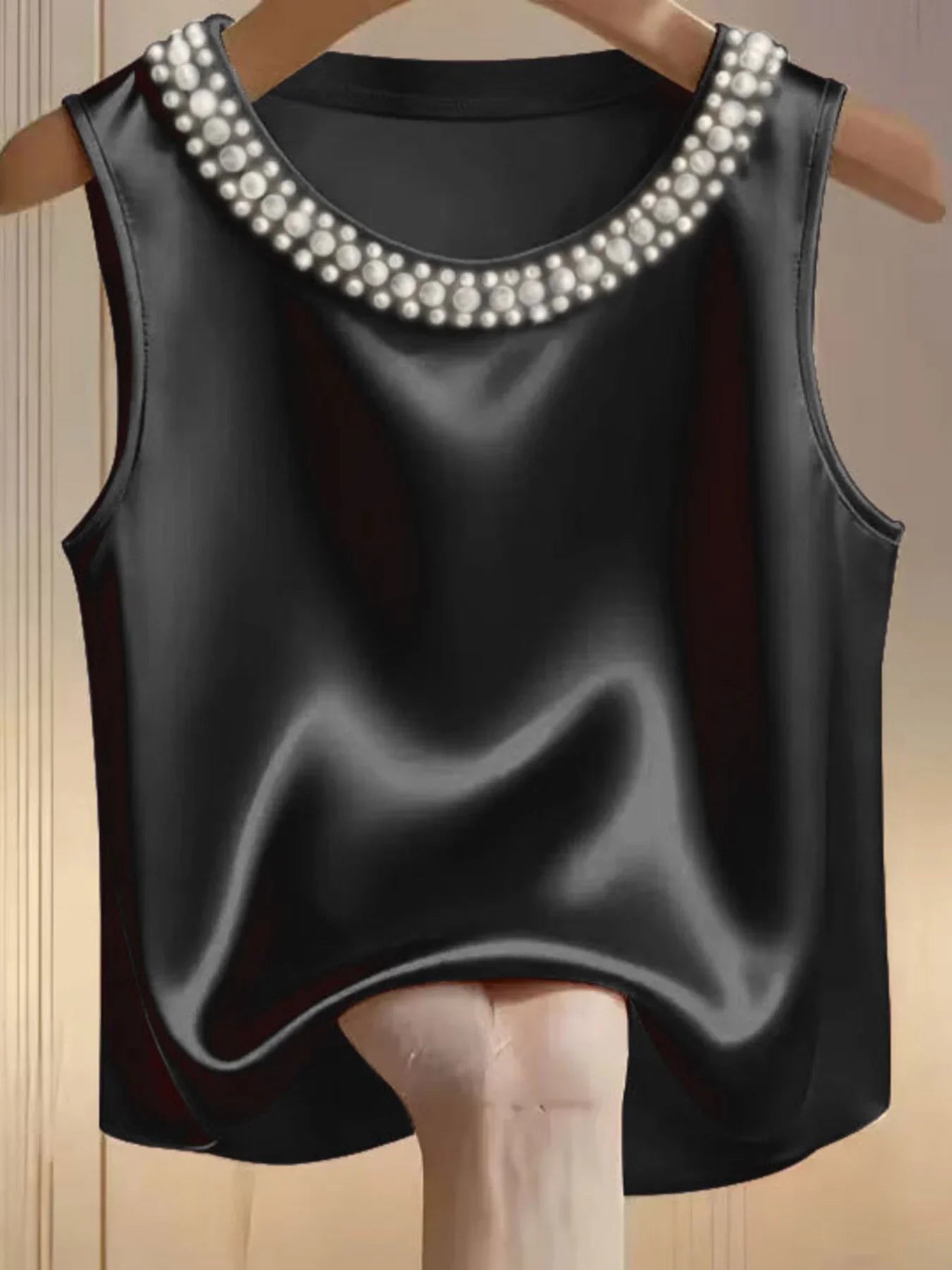 Elegant Satin Tank Top With Pearl Embellished Collar Detailing - Southern Shores Clothing