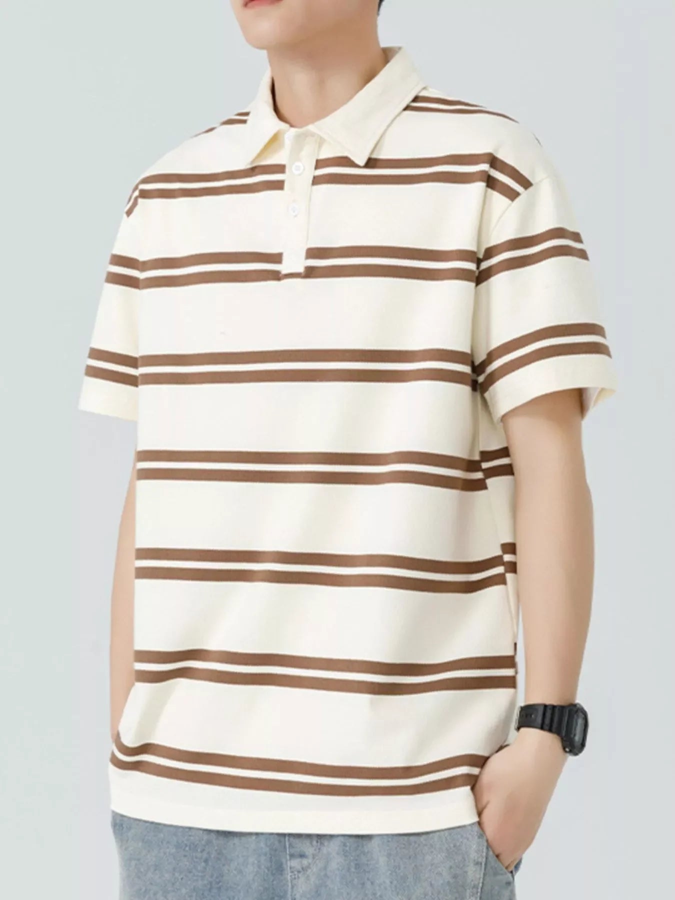 Plus Size Striped Short Sleeve Button Polo - Southern Shores Clothing