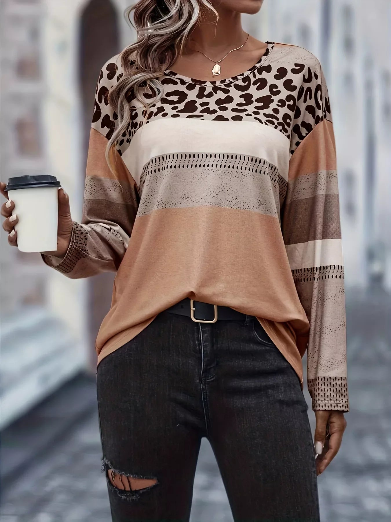 Leopard Print Block Long Sleeve T Shirt Plus Size - Southern Shores Clothing