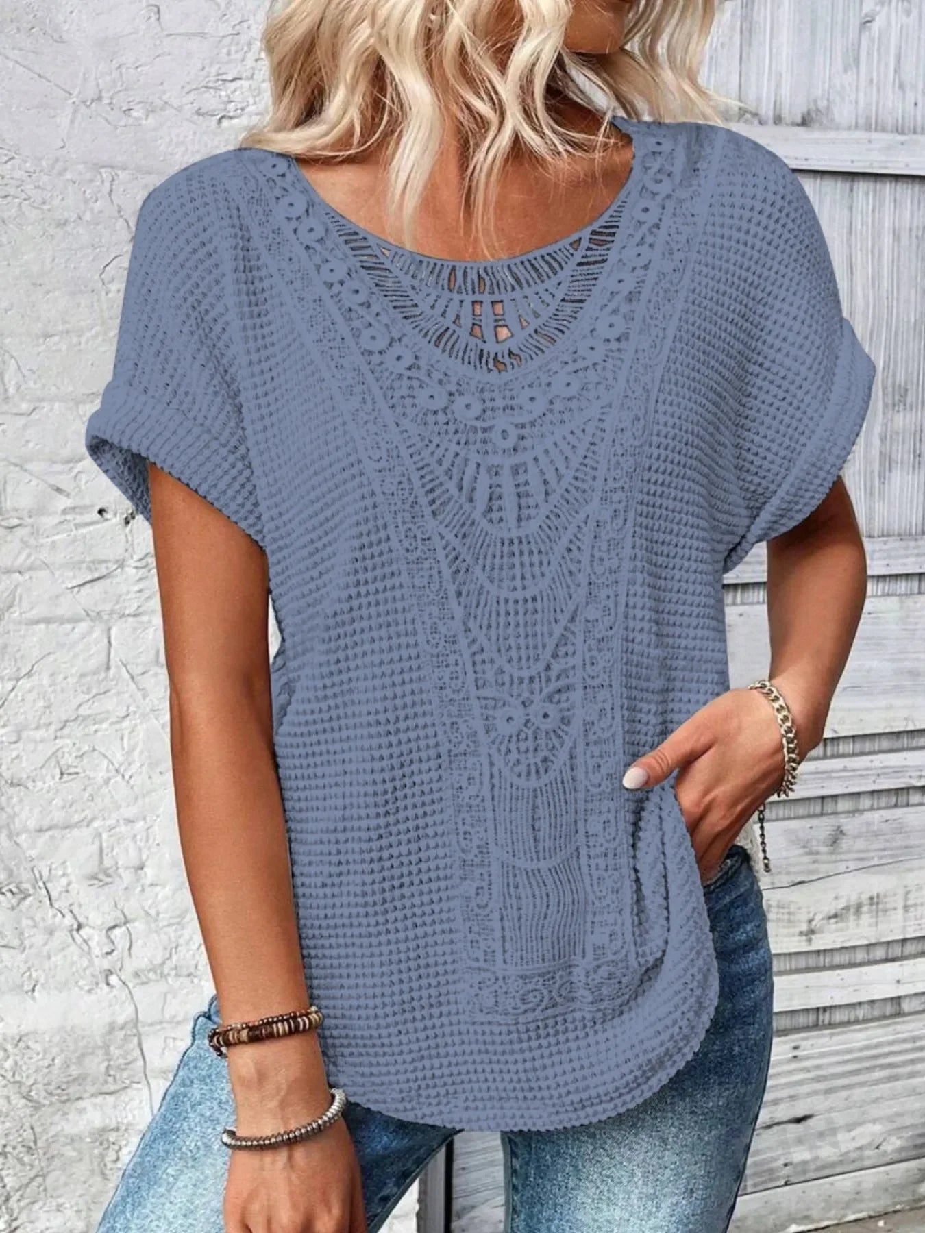 Crochet Lace Short Sleeve T Shirt Casual - Southern Shores Clothing