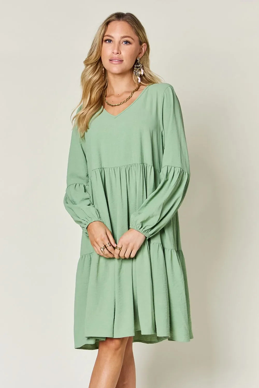 V Neck Balloon Sleeve Tiered Dress With Pockets