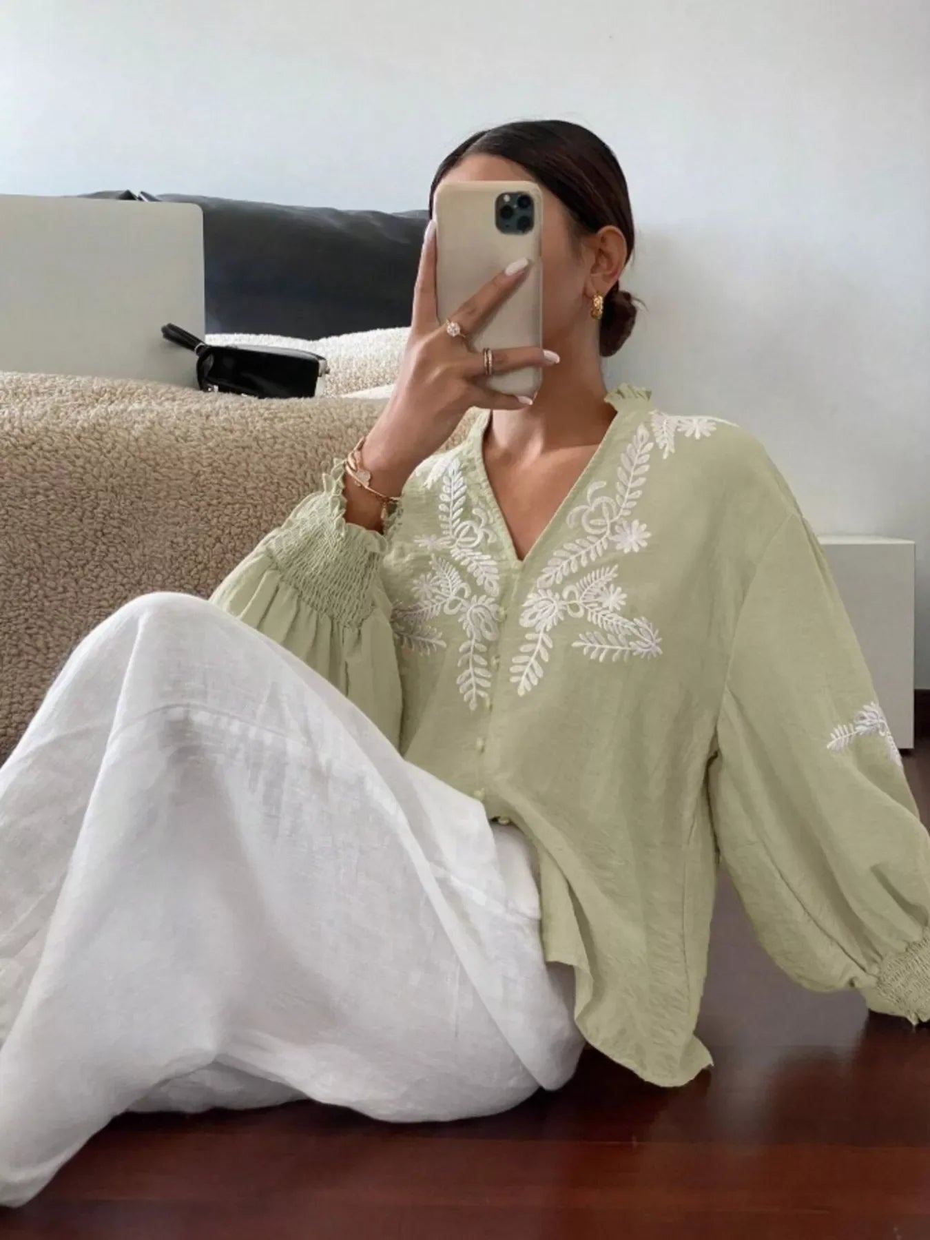 Southern Shores Elegant Embroidered Long Sleeve Buttoned Polyester Blouse With Je T'aime Design - Southern Shores Clothing