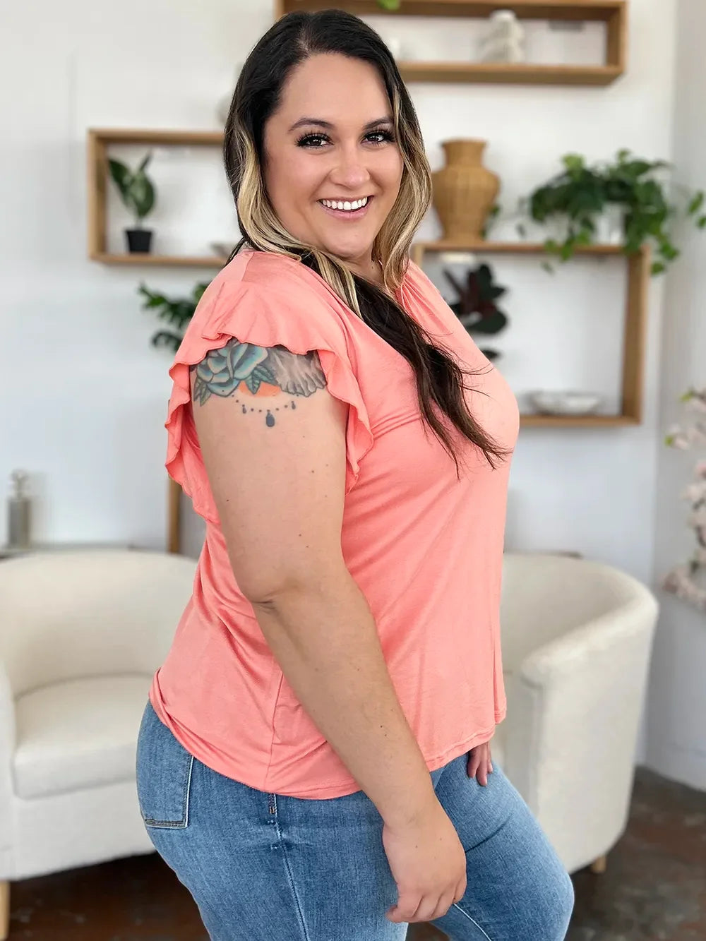 Bamboo Notched Ruffled Short Sleeve T Shirt - Southern Shores Clothing