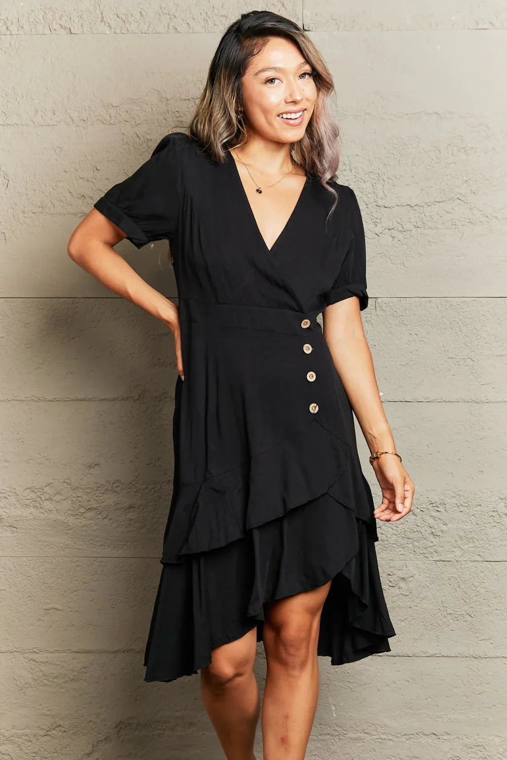 Decorative Button Surplice Ruffle Hem Dress - Southern Shores Clothing