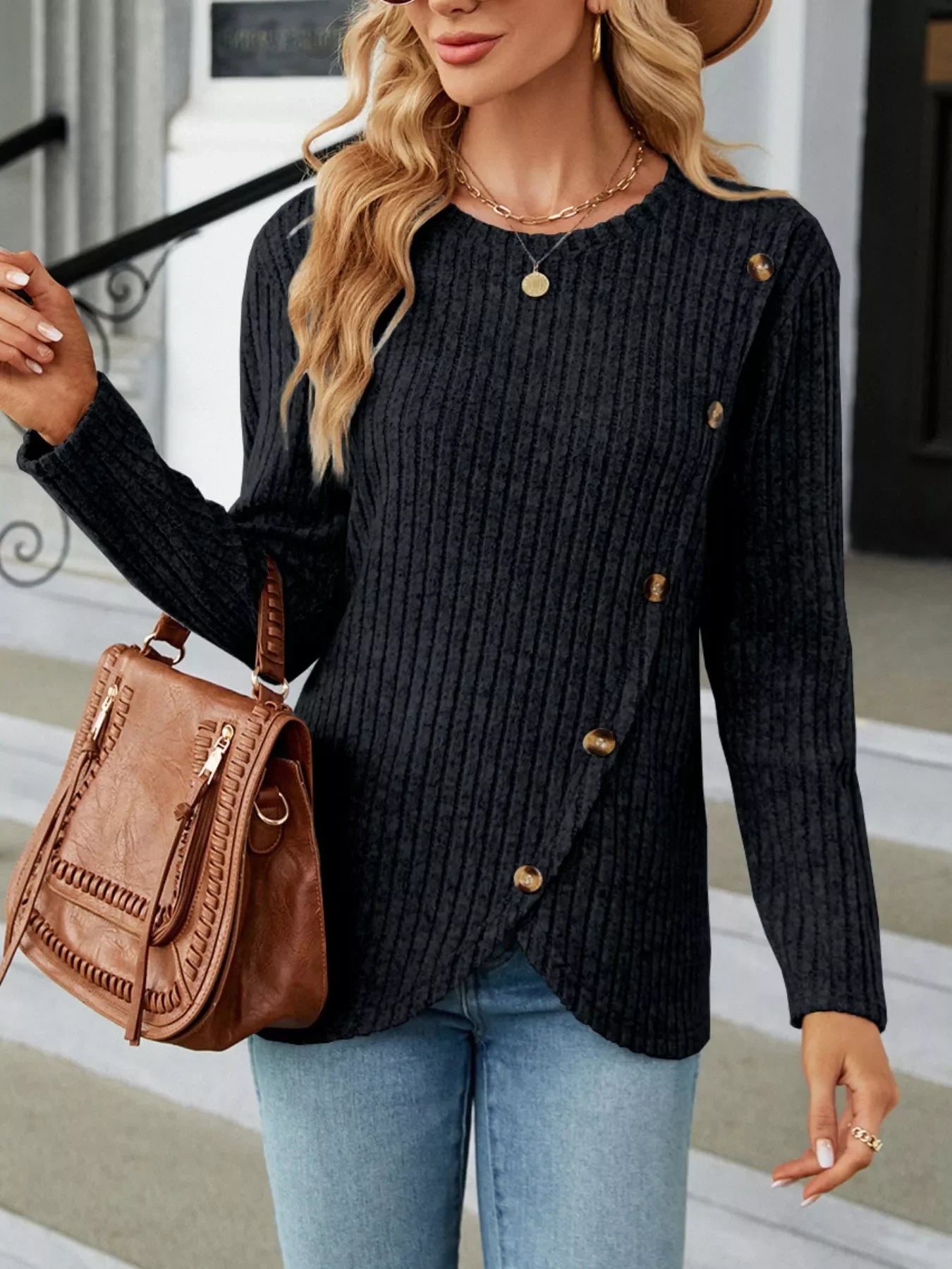 Ribbed Knit Decor Button T-Shirt - Southern Shores Clothing