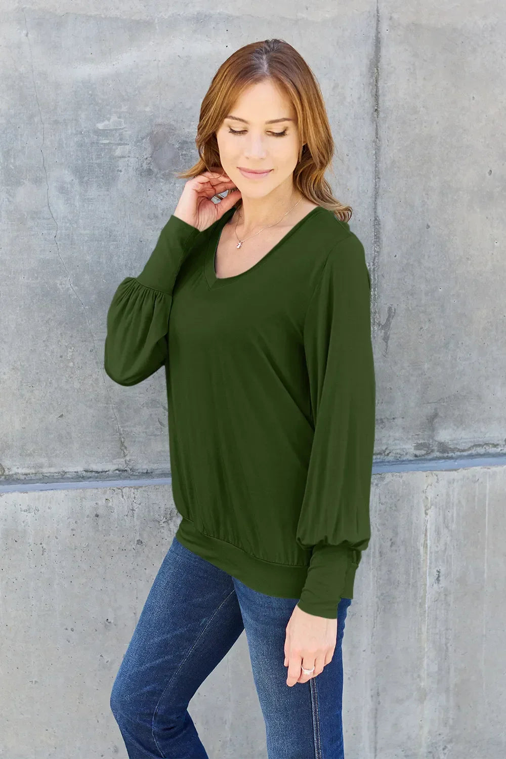 V Neck Lantern Sleeve Top Lightweight Stretch - Southern Shores Clothing