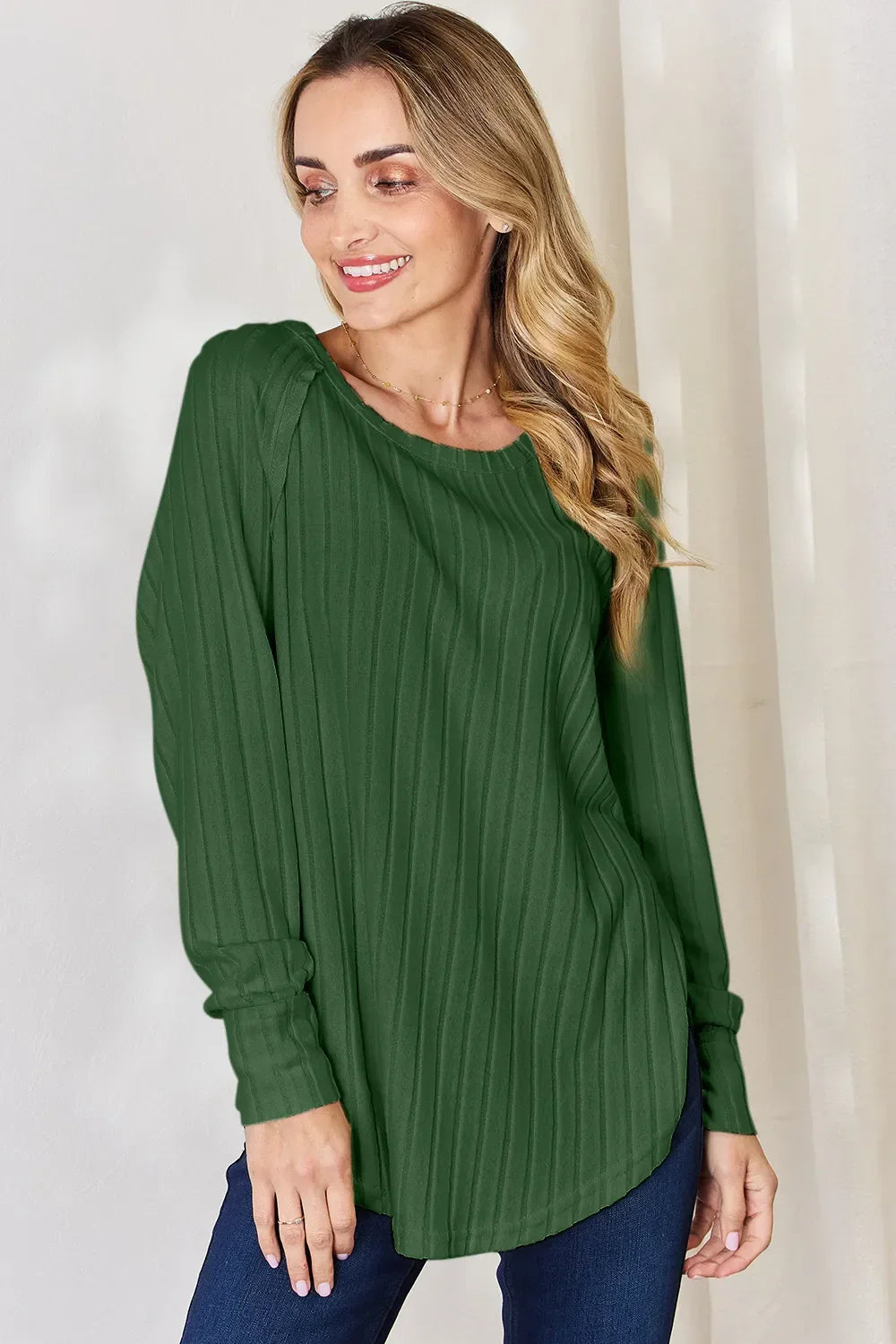 Ribbed Round Neck Slit T Shirt With Stretch - Southern Shores Clothing