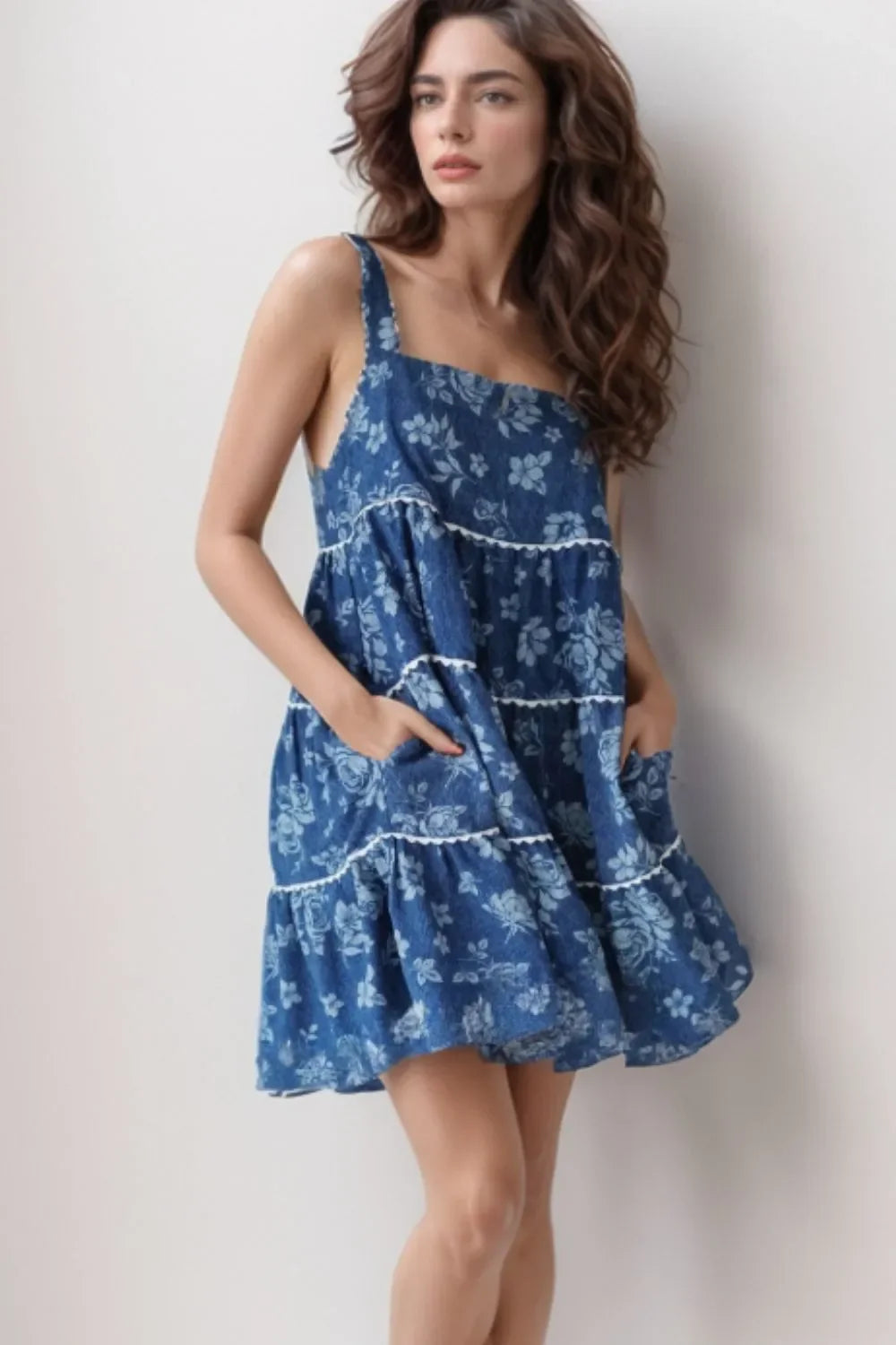 Floral Tiered Denim Dress With Square Neckline Sleeveless - Southern Shores Clothing