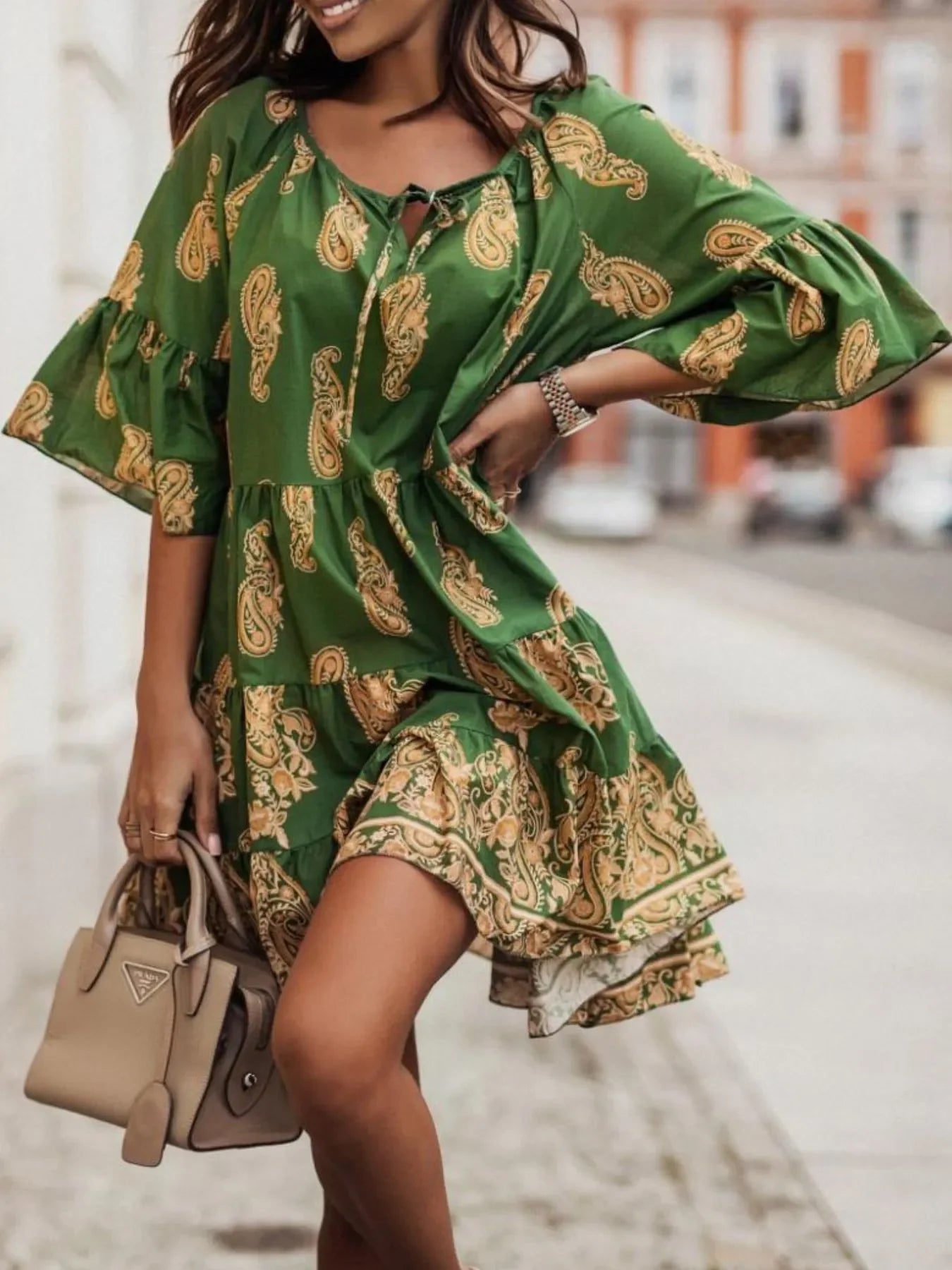 Paisley Print Tie Neck Half Sleeve Mini Dress Casual Everyday - Southern Shores Clothing