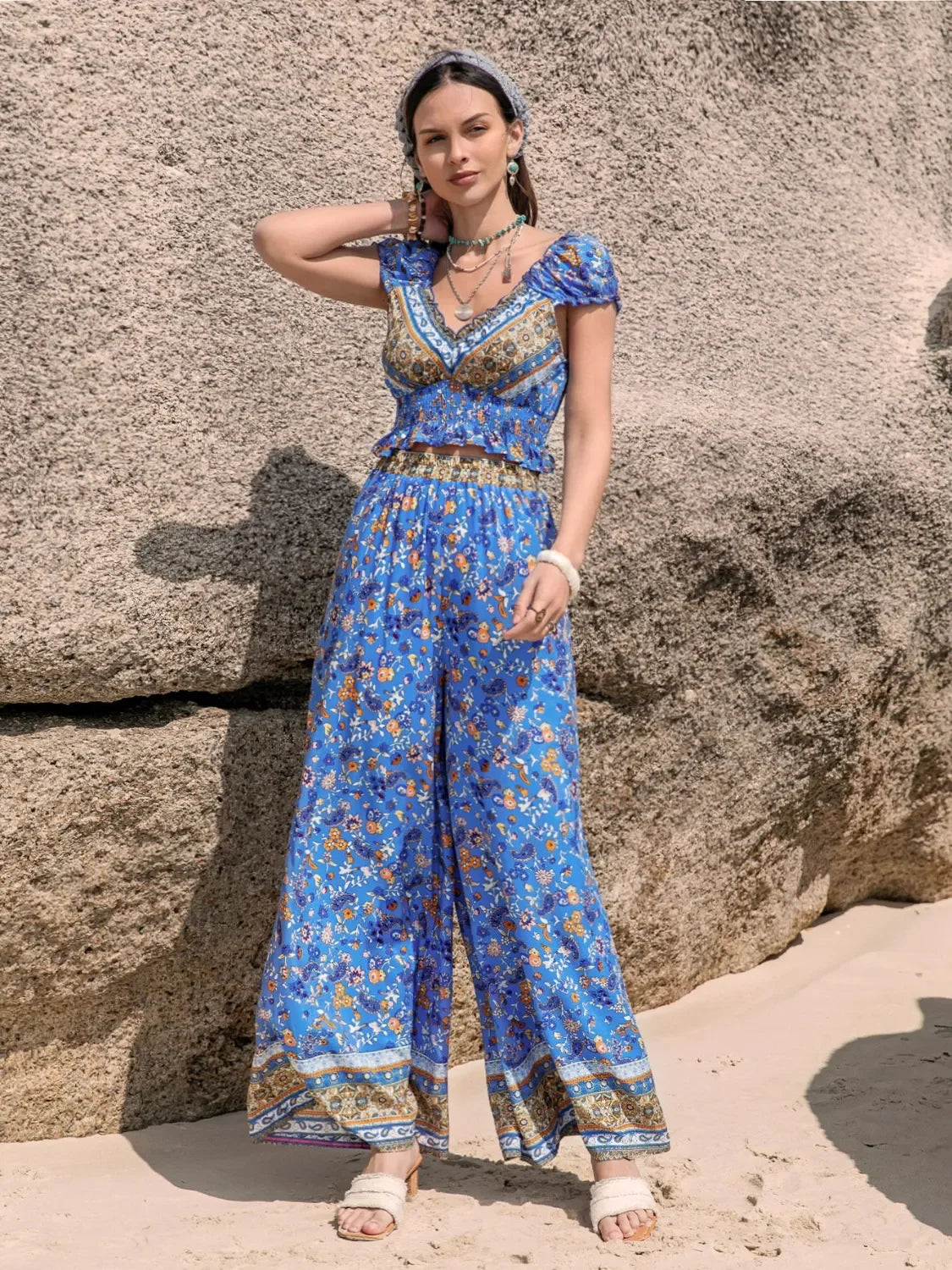 Printed V-Neck Top And Pants Set Floral Print And Ruffle Trim - Southern Shores Clothing