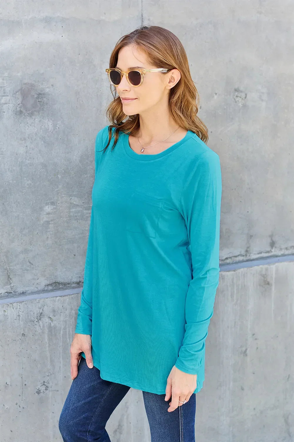 Round Neck Long Sleeve Top With Pockets Classic - Southern Shores Clothing