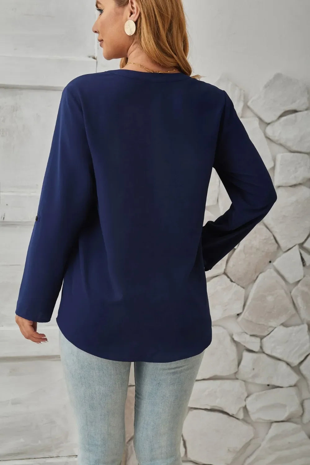 Decorative Button Notched Long Sleeve Blouse - Southern Shores Clothing