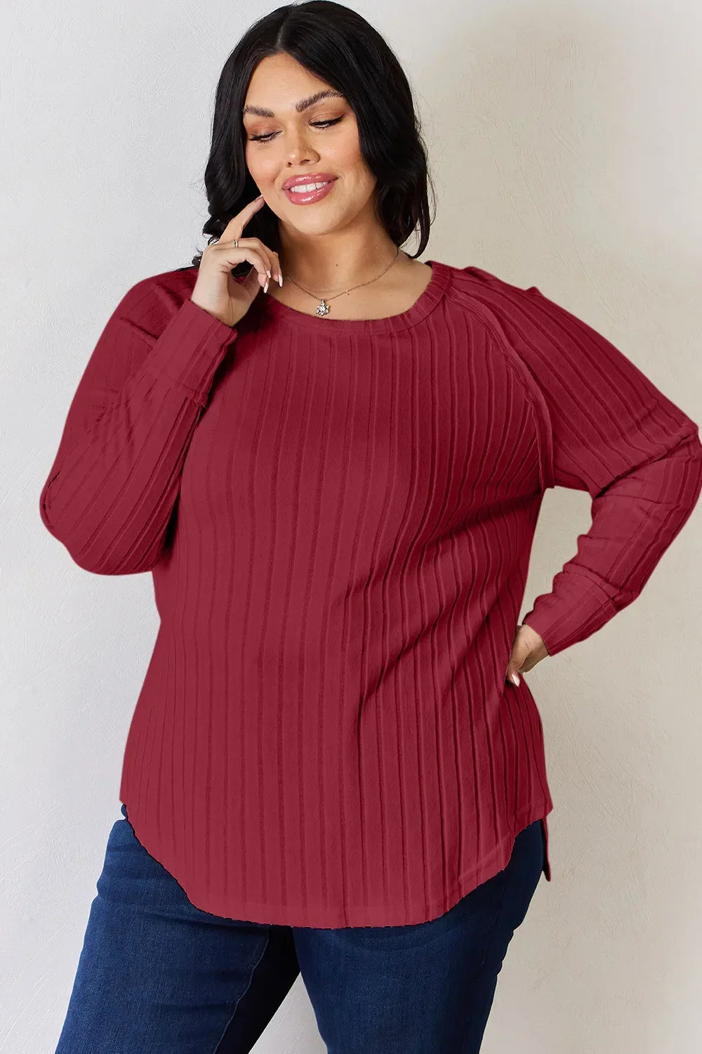 Ribbed Round Neck Slit T Shirt With Stretch - Southern Shores Clothing