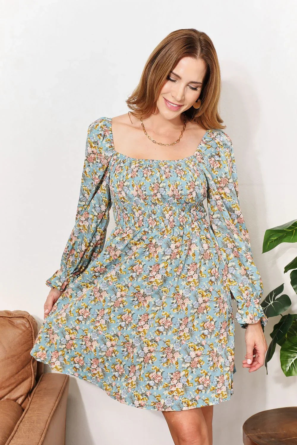 Floral Smocked Flounce Sleeve Square Neck Dress - Southern Shores Clothing