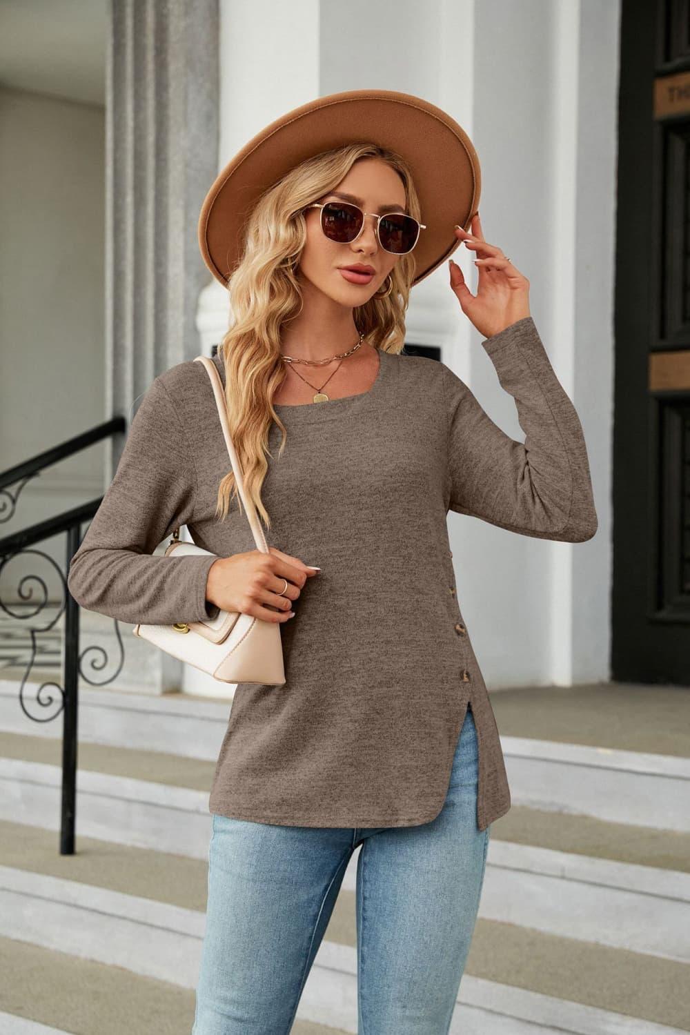 Square Neck Long Sleeve Slit Stretchy T Shirt - Southern Shores Clothing