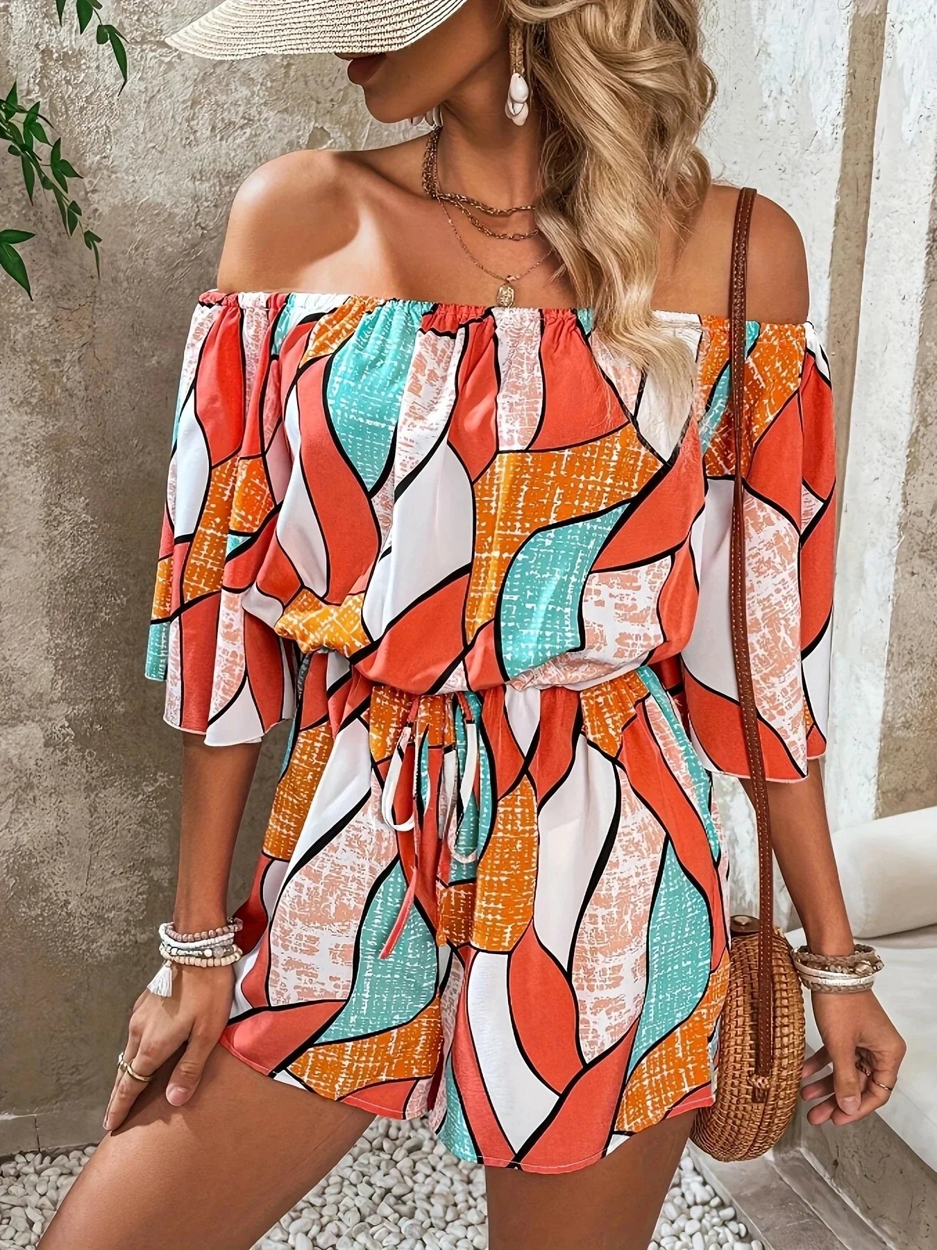 Off Shoulder Drawstring Waist Romper Small - Southern Shores Clothing