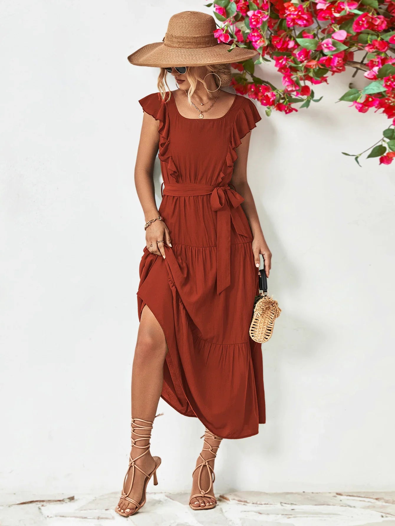 Tie Belt Ruffled Tiered Dress - Southern Shores Clothing