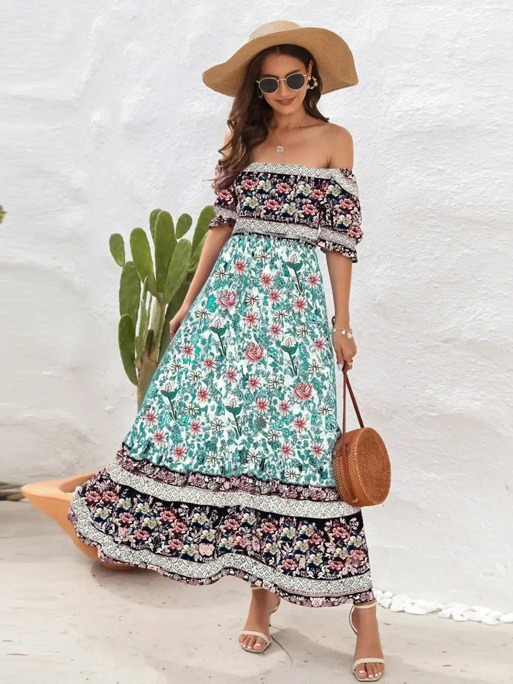 Floral Flounce Sleeve Midi Dress Rayon Off Shoulder Boho - Southern Shores Clothing