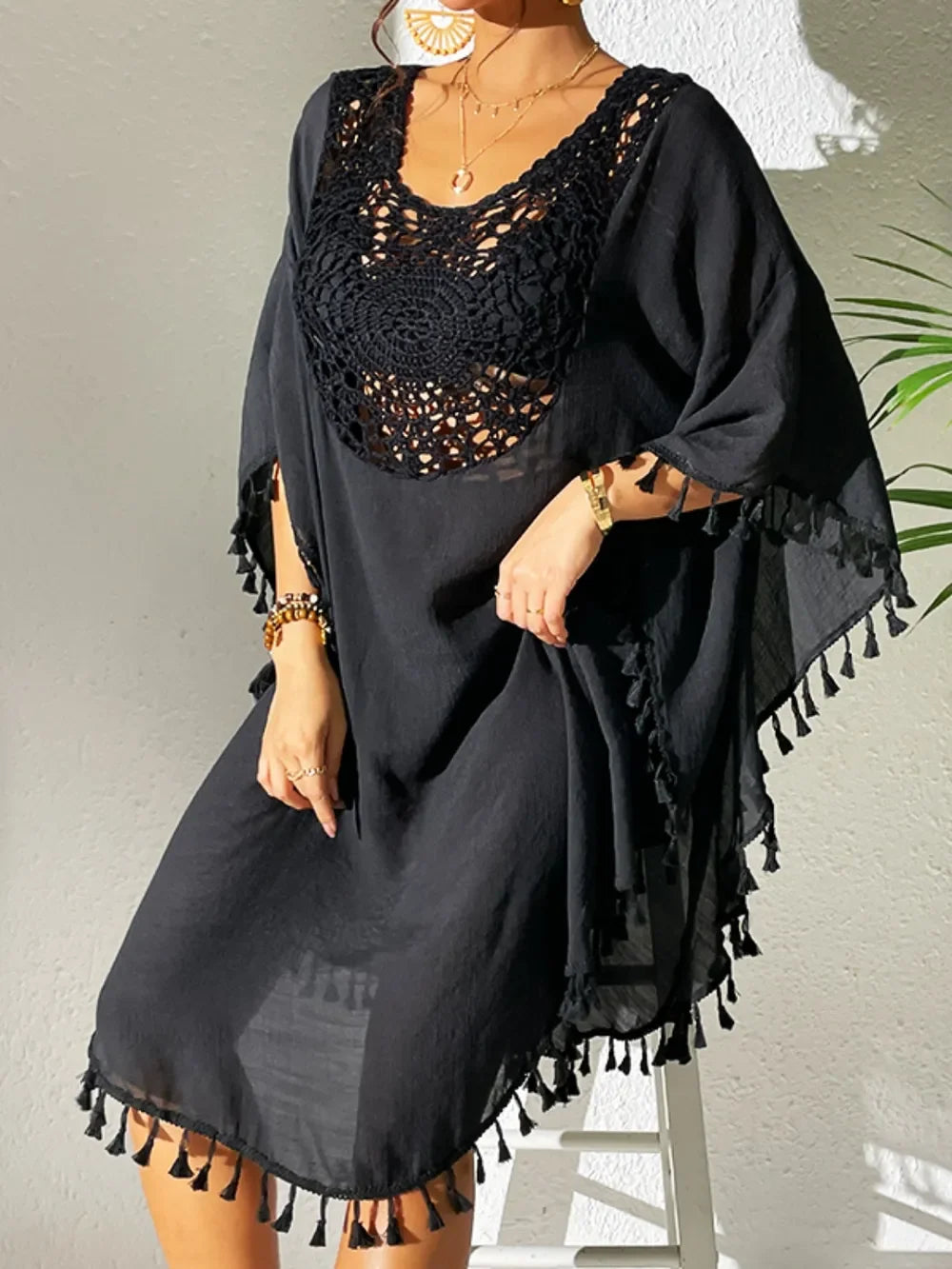 Tassel Cutout Scoop Neck Cover Up Dress One Size - Southern Shores Clothing