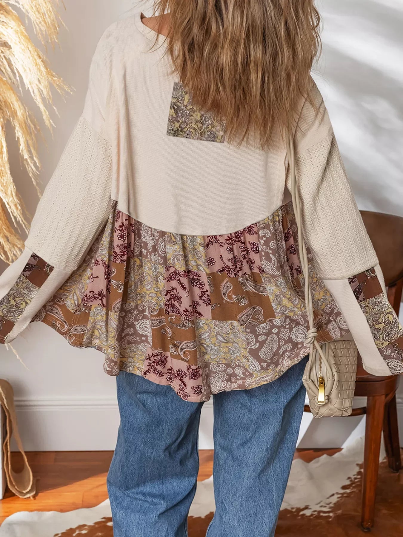 Paisley Patchwork Long Sleeve Boho Loose Top With Ethnic Print - Southern Shores Clothing
