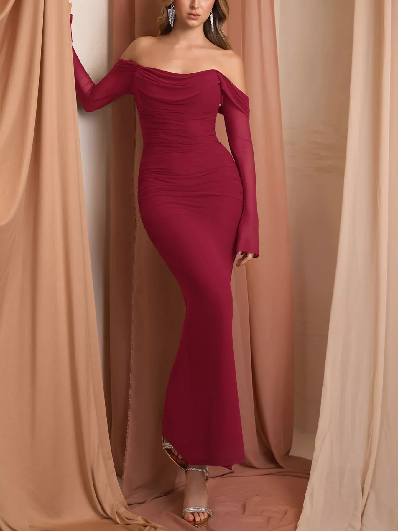 Off-Shoulder Ruched Mermaid Maxi Dress Formal - Southern Shores Clothing