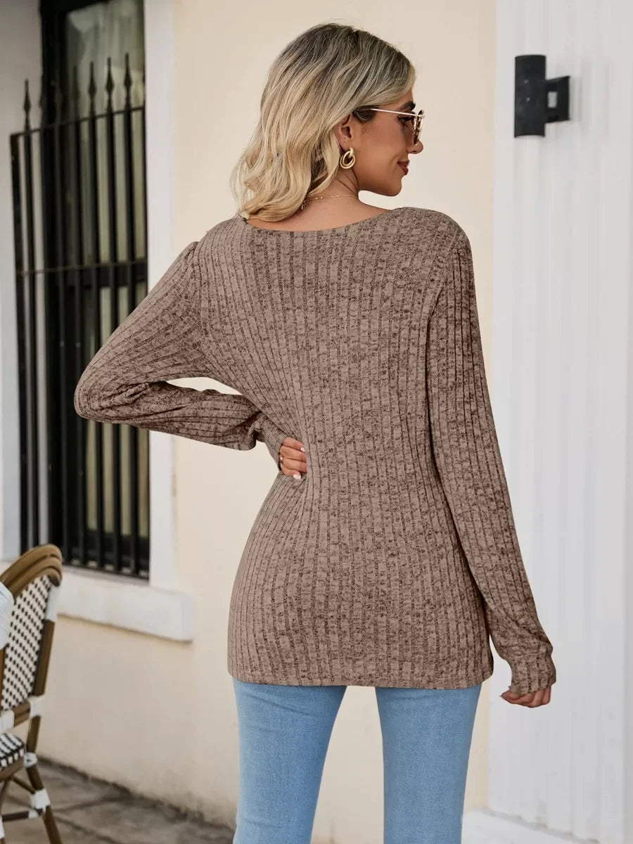 Ribbed Square Neck Long Sleeve Stretch T Shirt - Southern Shores Clothing