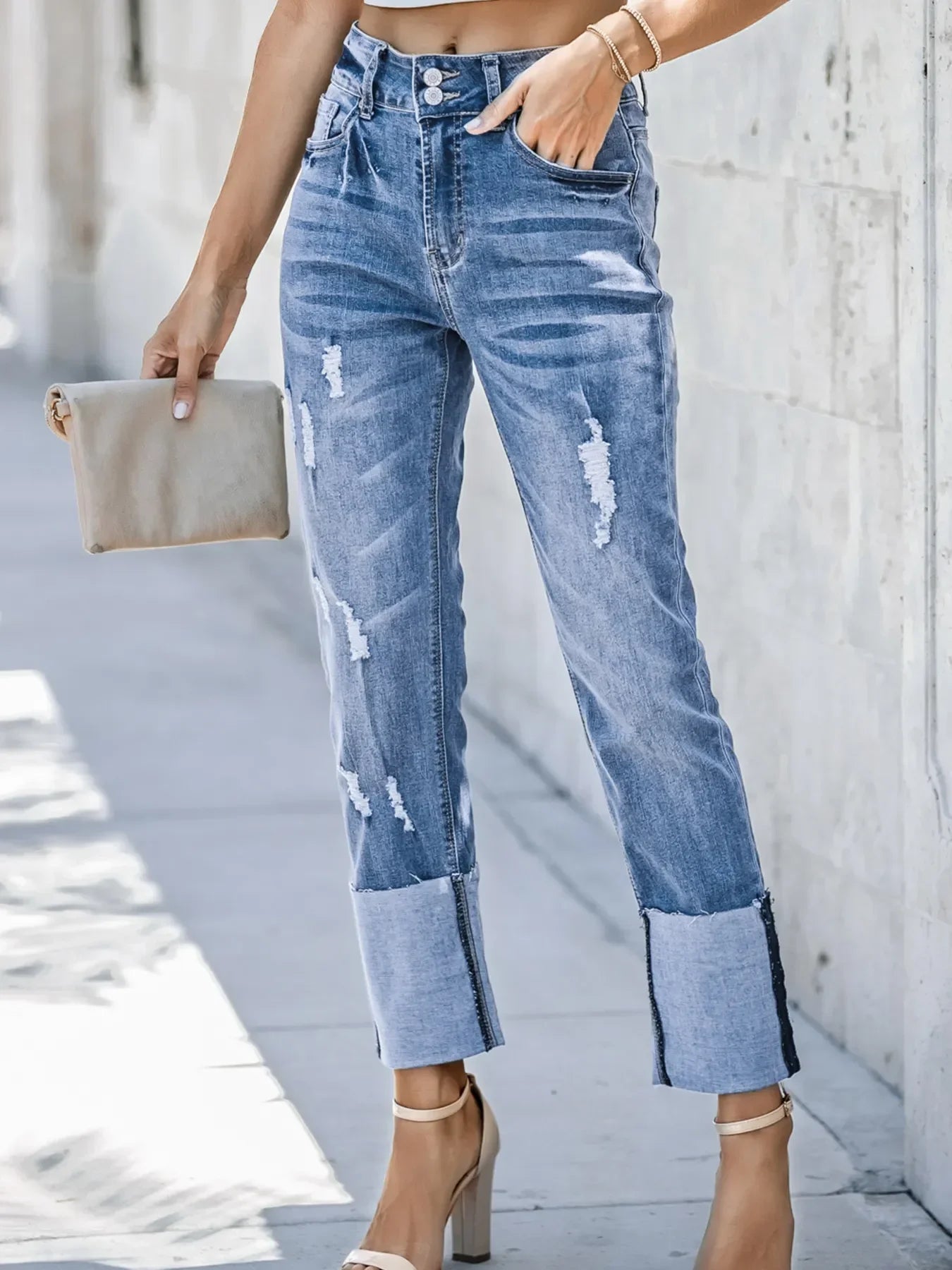 Coastal Inspired High Waist Distressed Straight Leg Jeans - Southern Shores Clothing