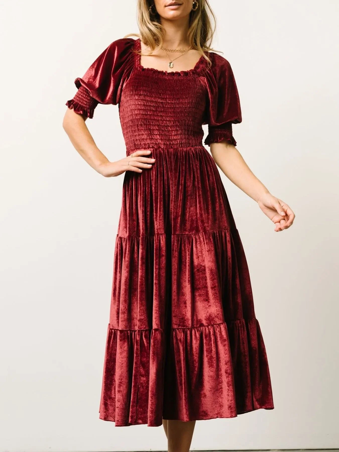 Smocked Half Sleeve Tiered Midi Dress Coastal Style - Southern Shores Clothing