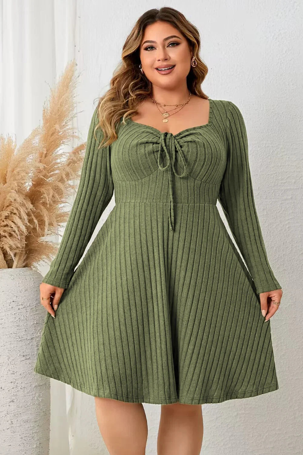 Plus Size Sweetheart Neck Long Sleeve Ribbed Dress - Southern Shores Clothing
