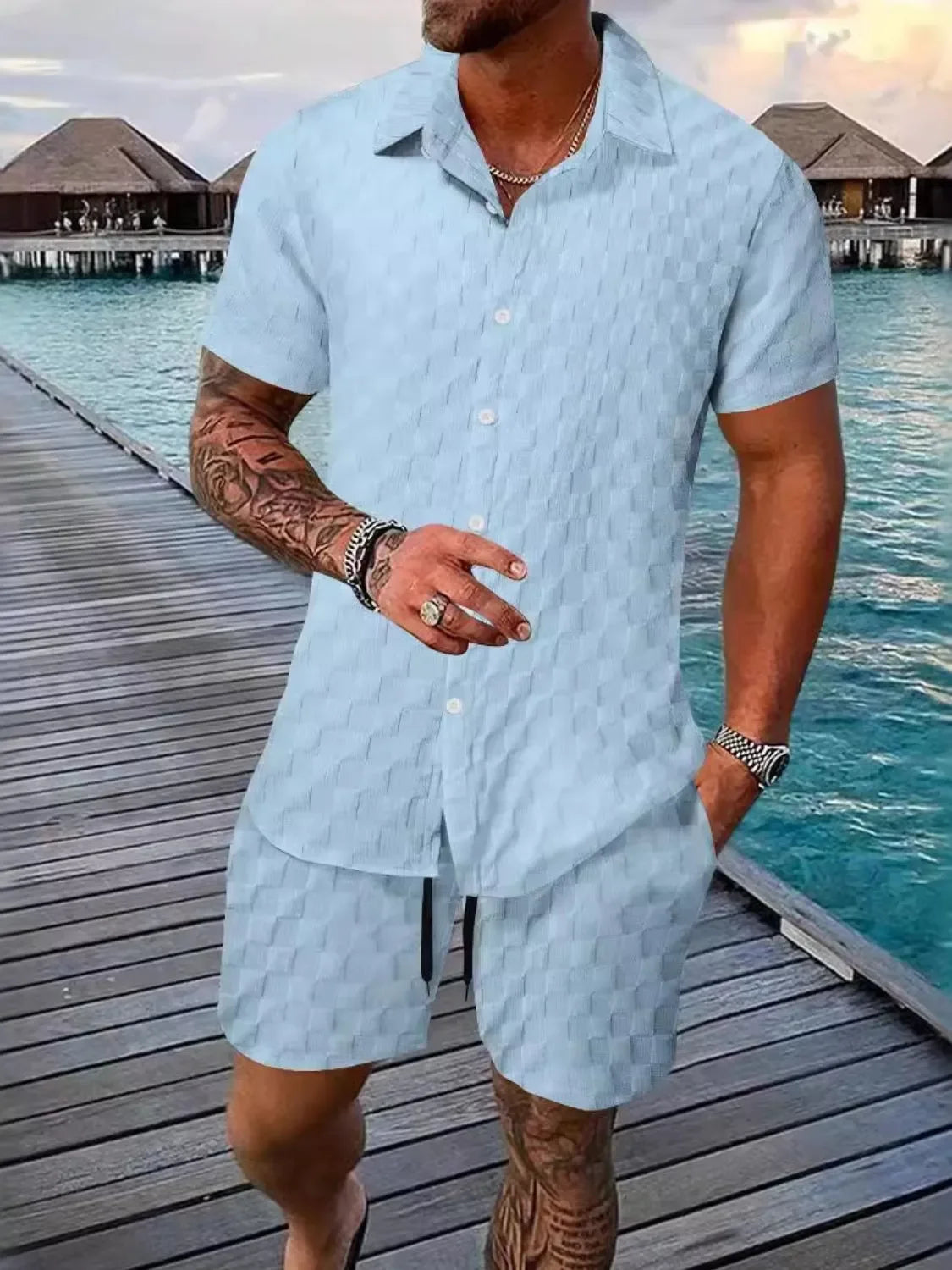Men's Full Size Collared Neck Short Sleeve Top and Shorts Set Plus Size - Southern Shores Clothing