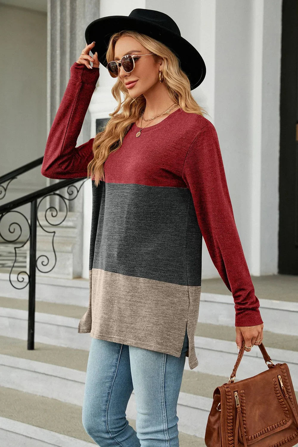 Block Pattern Round Neck Long Sleeve Slit T Shirt - Southern Shores Clothing