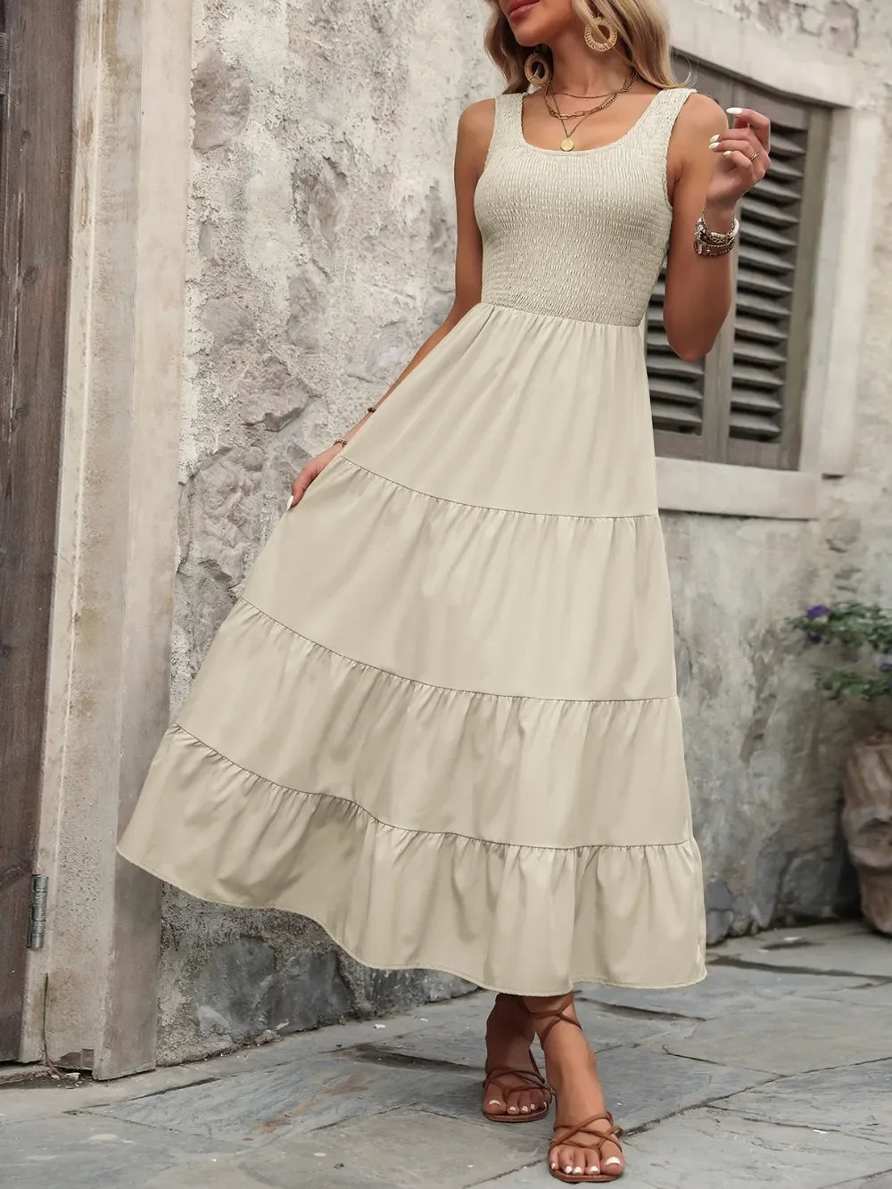 Smocked Scoop Neck Sleeveless Tank Dress - Southern Shores Clothing