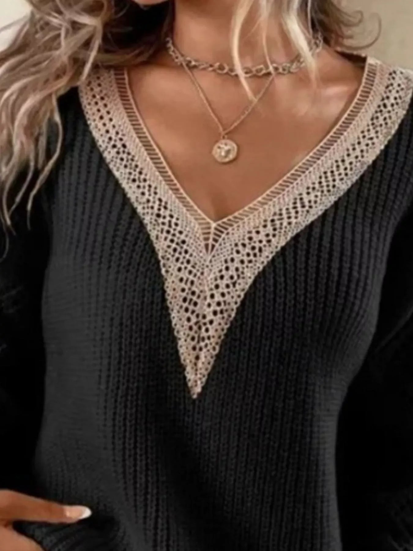 Openwork V-Neck Long Sleeve Sweater With Lace - Southern Shores Clothing