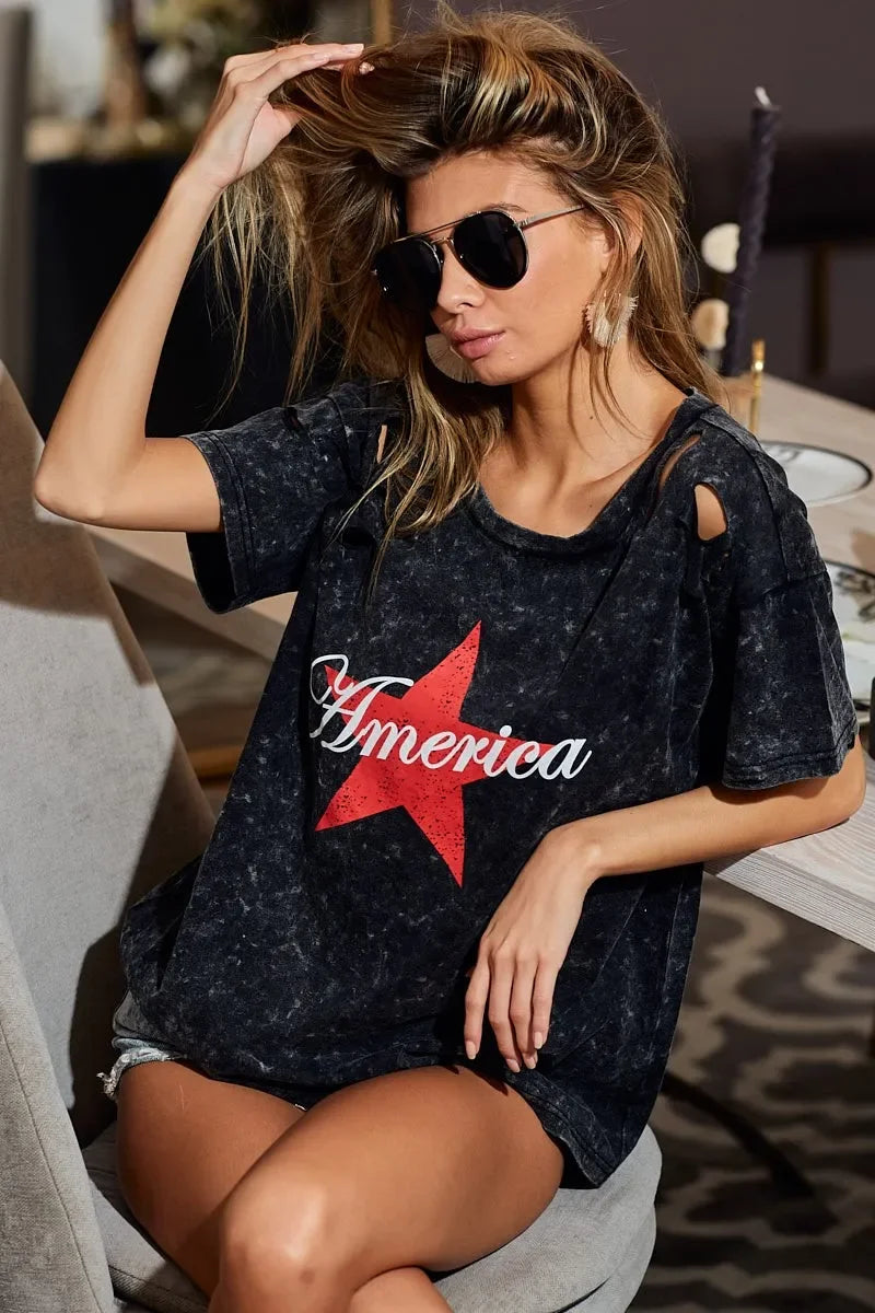 Laser Cut Mineral Washed Jersey T Shirt Americana Design - Southern Shores Clothing