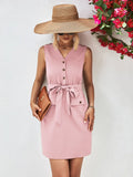 Buttoned V-Neck Belted Sleeveless Dress - Southern Shores Clothing