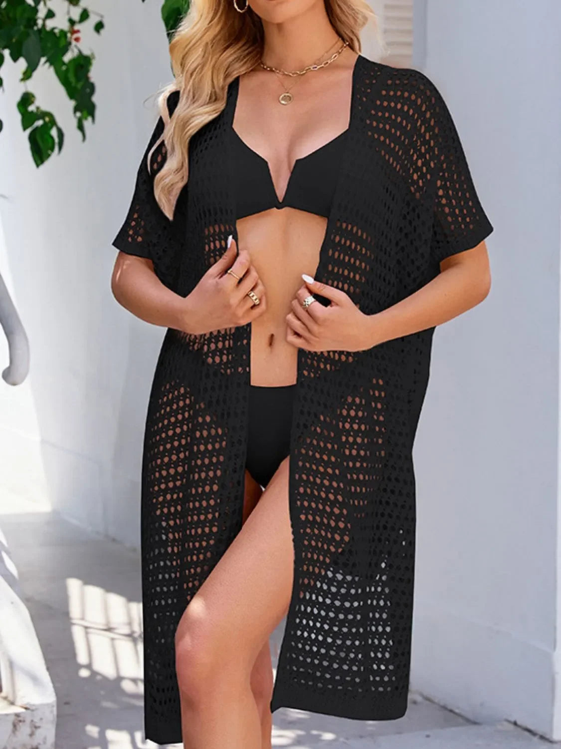Open Front Tied Openwork Polyester Cover-Up One Size - Southern Shores Clothing