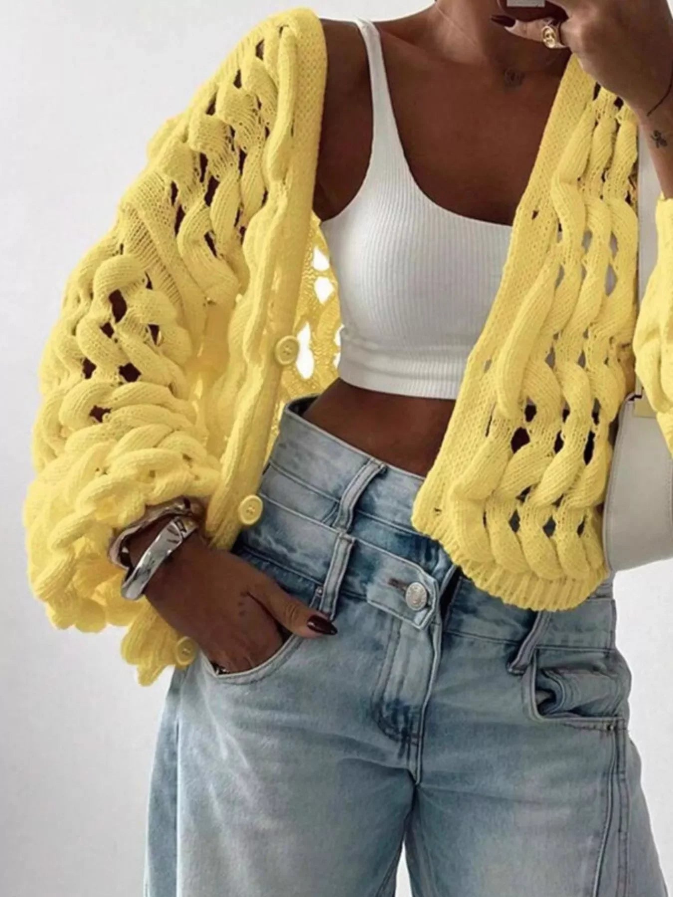 Openwork Button Up V-Neck Cardigan With Stretch Knit - Southern Shores Clothing
