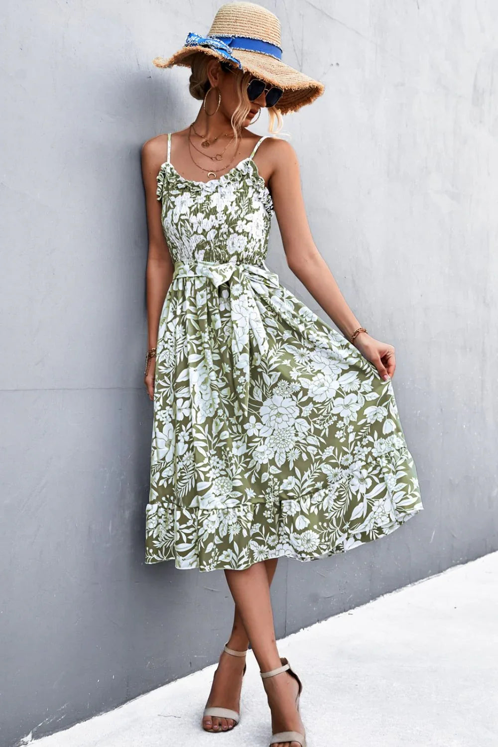 Floral Frill Trim Scoop Neck Spaghetti Strap Dress - Southern Shores Clothing